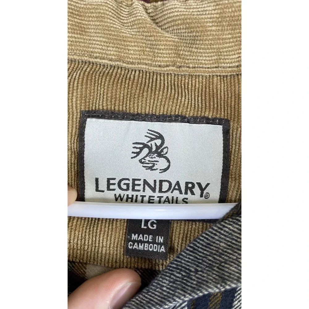 Legendary Whitetails Button Down Mens LG Plaid Excellent Corduroy Trim Flannel
